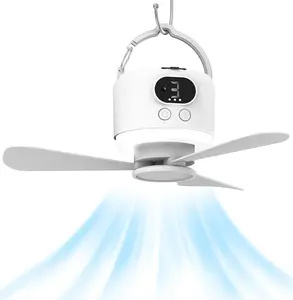 Portable Camping Ceiling Fan with Led Light 10400mAh Battery Operated, 11.42inch Rechargeable Tent Fan with Light and Hanging Hook,Remote Control,Timer, 4 Speeds for Outdoor Travel Fishing