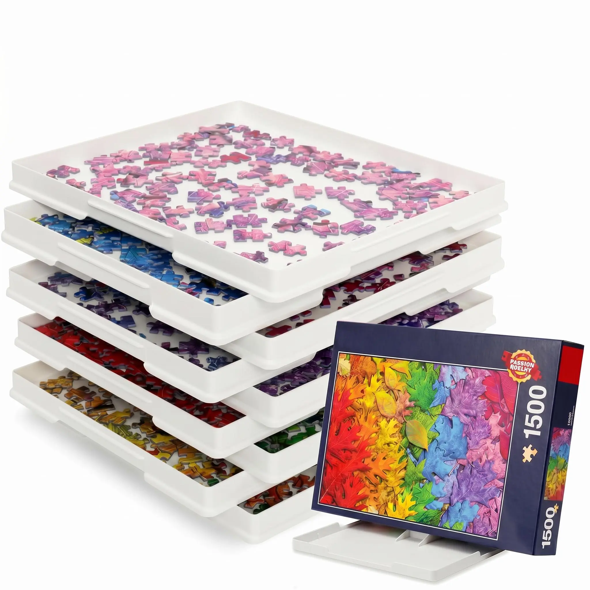 Playboda 9-Pack Stackable Sorting Trays with Lid - 11"x9" Shape-Optimized Trays for 1000-1500 Piece Jigsaw Puzzles, Grip-Easy Shape, Bright White Sort, Ample Room to Sort, Dual-Function Tidy Box Stand, Adults' Gift