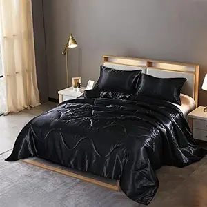 Silk Like Set Luxury Soft Comforter Pillowcase King Size Bedding Set (Black)