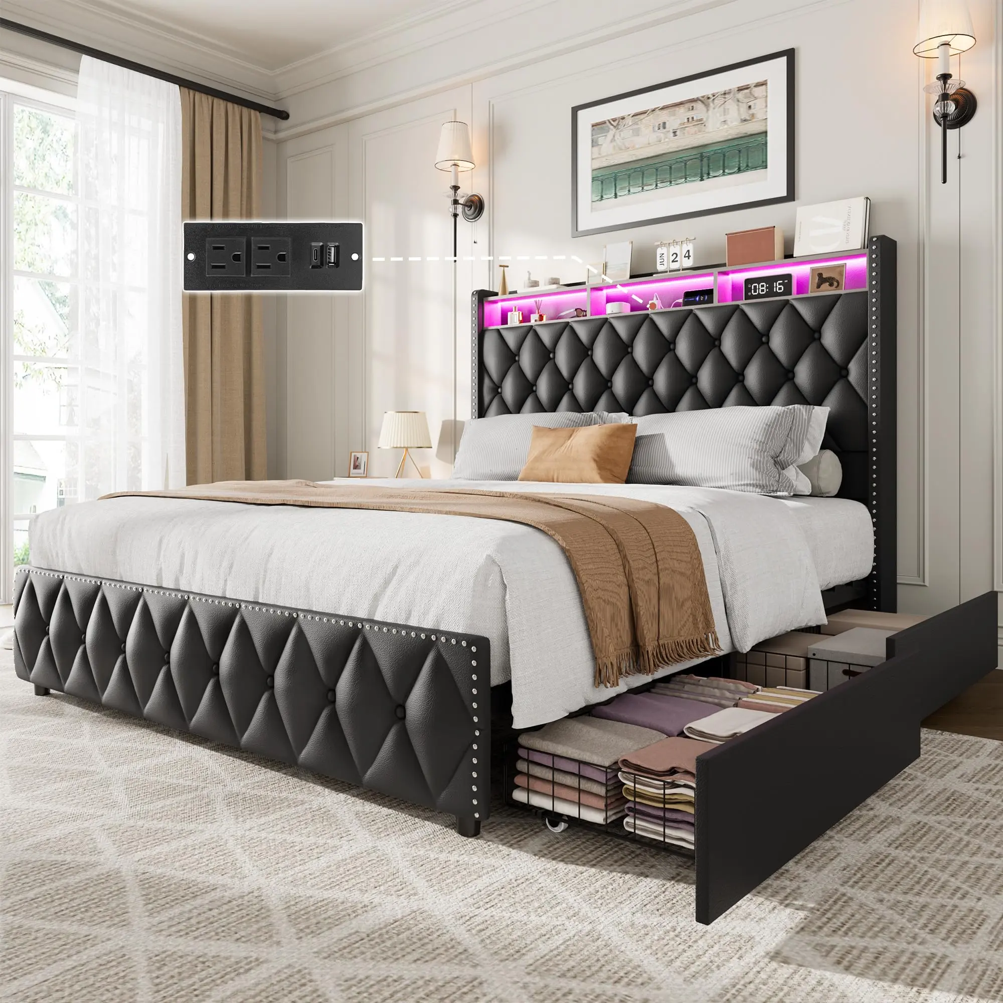 Garvee - Queen Bed Frame with 50-Inch High Headboard, Leather Upholstered Bed Frame with Platform and 4 Storage Drawers, USB Charging Station, LED Lights, No Assembly Required