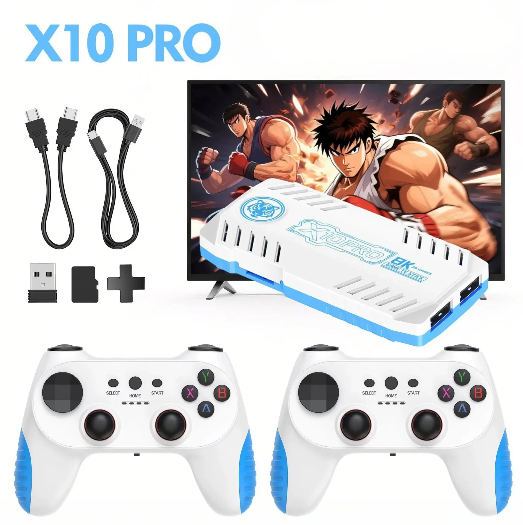 X10 Pro Home Game Console ，2 Wireless Controllers, Blue Design for Party Use tv box ps1