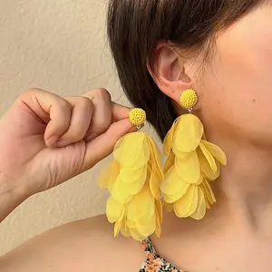 Yellow Fabric Flower Petals Dangle Earrings - Bohemian Style, Vacation Ready, Summer Beach Holiday Accessories, Handcrafted, Lightweight, Hypoallergenic, Beachy Chic Jewelry for Women