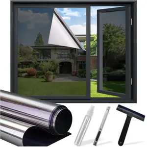 One Way Privacy Film, Window Tint for Home, Mirror Vinyl Roll Heat Control Anti UV Static Cling Sliding Door Coverings No Glue Garage Solar Paper (Black Silver,17.5 Inch X 7.8 Feet)