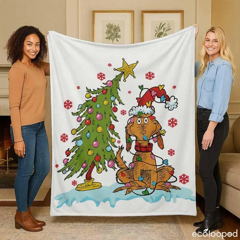 Cartoon Christmas Dog Flannel Throw Blanket, Whimsical Grinch-Style Print, Cozy Warm Soft Lightweight, Anti-Pilling Fade Resistant, Multi-Size, Indoor/Outdoor Use, Perfect for Christmas Decor, Holiday Gifting, Winter Snuggles