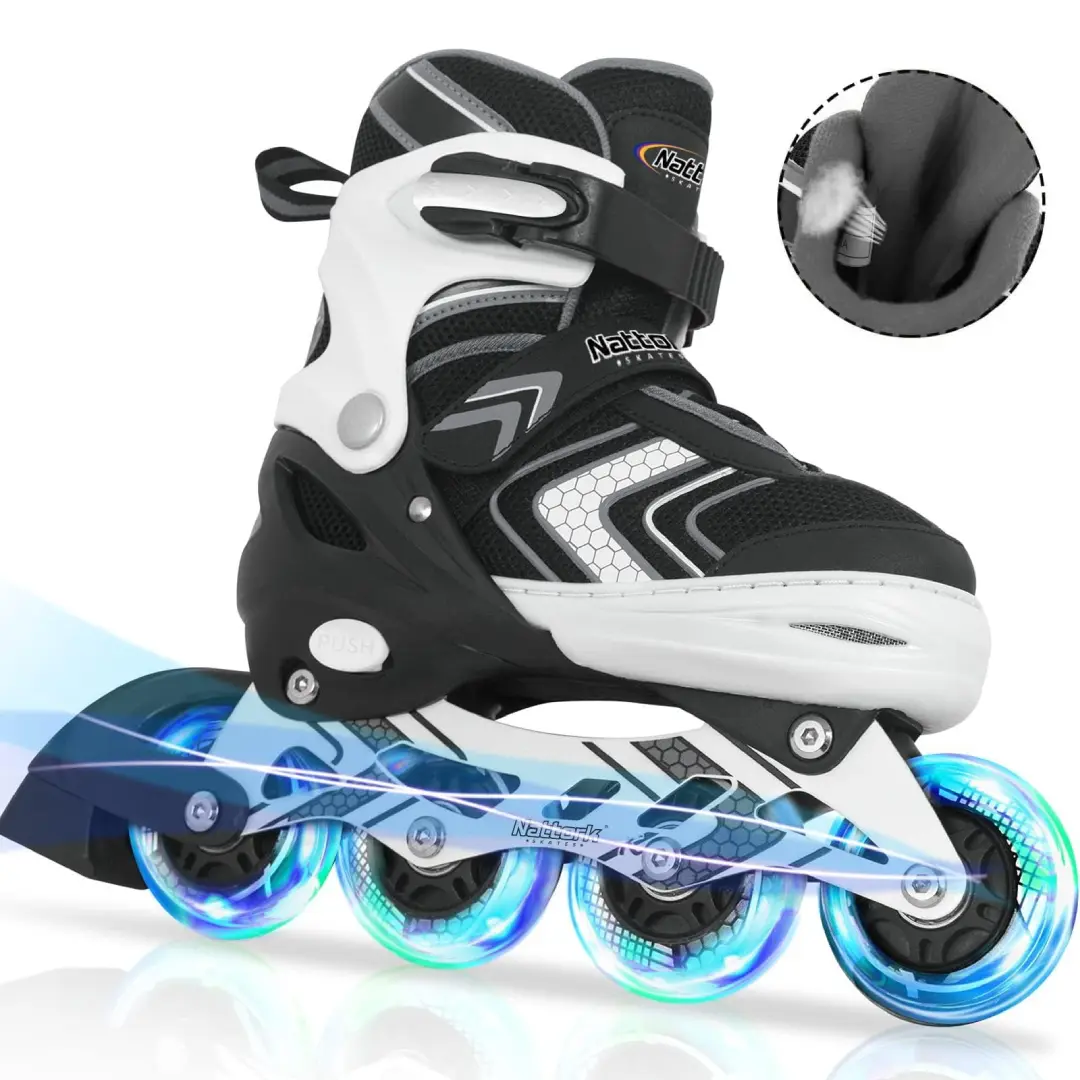 Youth Inline Skates for Boys & Girls - High Quality Fabric, 8 Light-Up Polyurethane Wheels, 4-Size Adjustable (Grows with Child), Triple Ankle Support Buckle, ABEC-7 Bearings, Beginners, Birthday Gift, L(5-8 US), M(1)