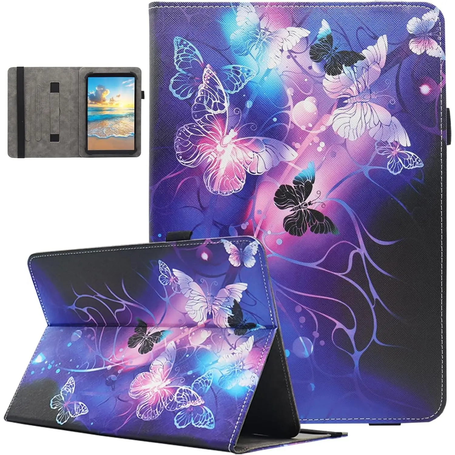 Universal 10 10.1 11 Inch Android Tablet Case,  Multi-Angle Viewing Stand PU Leather Case for 10 10.1 11 Inch and  9.5" - 11.0" Tablet, Purple Butterfly