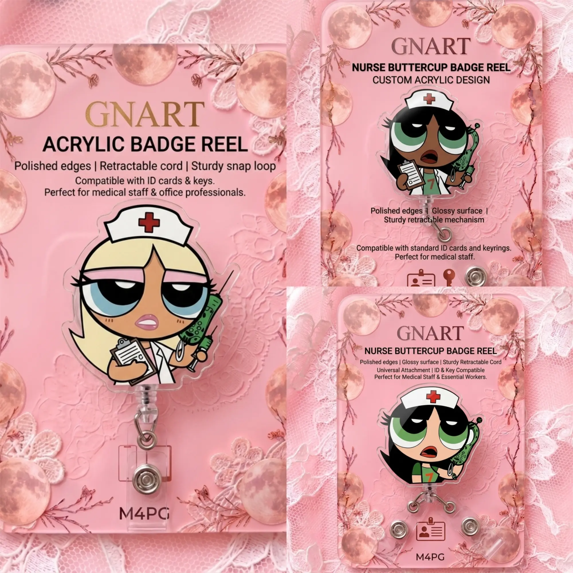 Cute 90s Cartoon Nurse Retractable Badge Reel, Funny Big Eyes Girl Alligator Clip for Scrubs, Y2K Aesthetic ID Card Holder Belt Clip, Nursing Gift