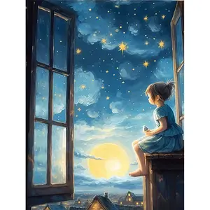 1PCS Little Girl Watching Stars, 16x20 Inch, Frameless, Suitable for Art Students DIY Digital Painting Kit, Professional Paintings, Paint by Numbers, Handcraft Art Set, Acrylic Painting, Handcrafted Acrylic, For Home Wall Decoration and Gifts