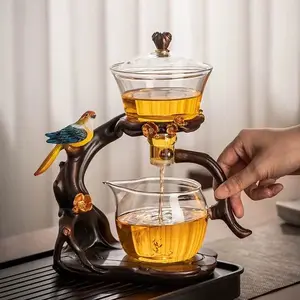 Parakeet Automatic Bird & Flower Glass Teapot Handcrafted Infuser Set with Vibrant Parrot Design & Branch-Shaped Frame for Tea Lovers