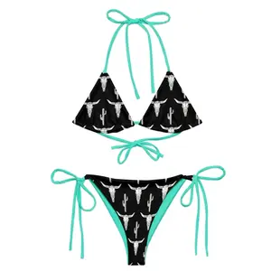 Women's 2pcs Cowgirl Print Tie Back Halter Neck Top & Tie Side Thong Bikini Set, Casual Thin Bikini, Summer Beach