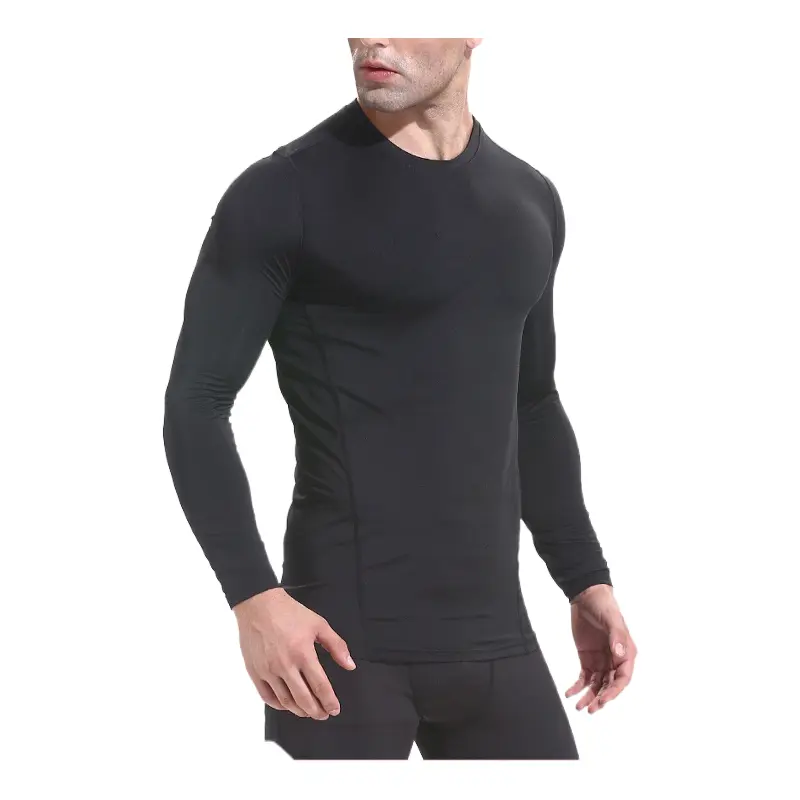 Men's Solid Long-Sleeve Compression Shirt in Polyester Elastane, Quick-Drying Base Layer for Running, Gym & Table Tennis, Plus Size