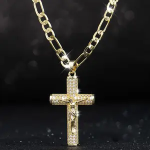18k Gold-Plated FigaroCross with Jesus Christ Crucifix,20 inches Long and 6mm Wide,Handcrafted Polishing and Multiple Electroplating Daily Wear Necklace