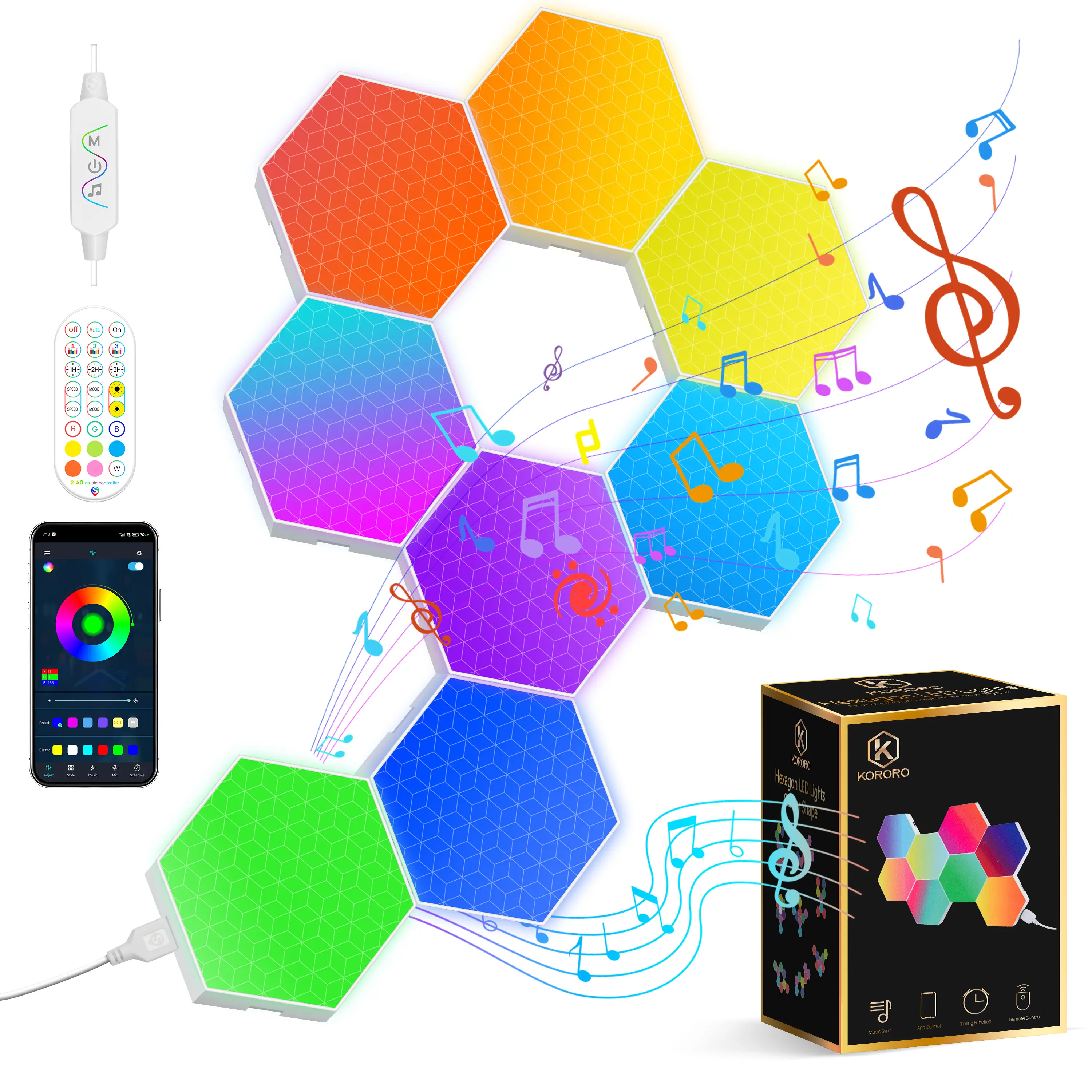 KORORO Hexagon LED Lights - 8 Pack Smart APP RGB Gaming Light with Remote Control & Music Sync Honeycomb Shape Hex Lights for Bedroom, Living Room Wall, Gaming Decor
