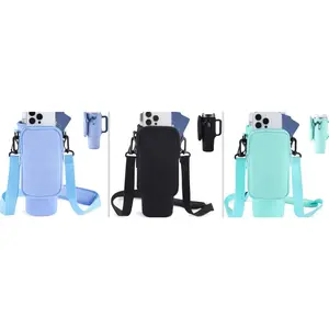 Slok Water Bottle Carrier Bag, Compatible With 40oz Tumbler With Handle, Modern Water Bottle Holder With Simple Adjustable Strap For Outdoor Walking Hiking Travelling Sports-Blue Purple