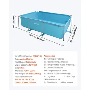 VEVOR Frame Above Ground Swimming Pool, 118x 78x 30 in Rectangular Steel Metal Frame, Large Rectangle Outdoor Backyard Family Pool, Easy to Assemble Rust-Resistant, 1046 Gallon Water Capacity, Blue