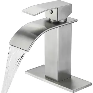 Bathroom Faucet Brushed Nickel Modern Waterfall Bathroom Sink Faucet with Single Handle Suitable for 1 or 3 Holes, Deck Plate and Hose