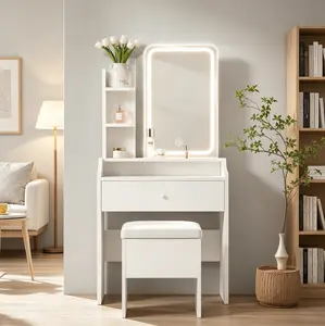 Compact Vanity (with Lighted Mirror, Stool, and Storage Drawers)