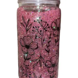 Pink Glitter and Flowers Tumbler  - Pink Colored Object with Glitter and Floral Design