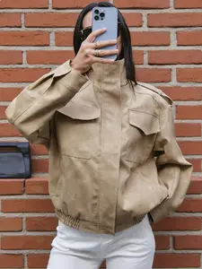 Khaki Pu Leather Jacket Women's Jacket Autumn Spring 2026 Long Sleeve Collared Big Pockets Outerwears Fashion Streetwear & Commutes Casual Jackets Coats Tops Womenswear