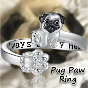 1Pc Creative Cute Pug Heart Shaped Dog Paw Open Ring Exquisite Women's Cartoon Pet Puppy Memorial Jewelry Accessories Suitable for Women, Wife, Girls Birthday Gift