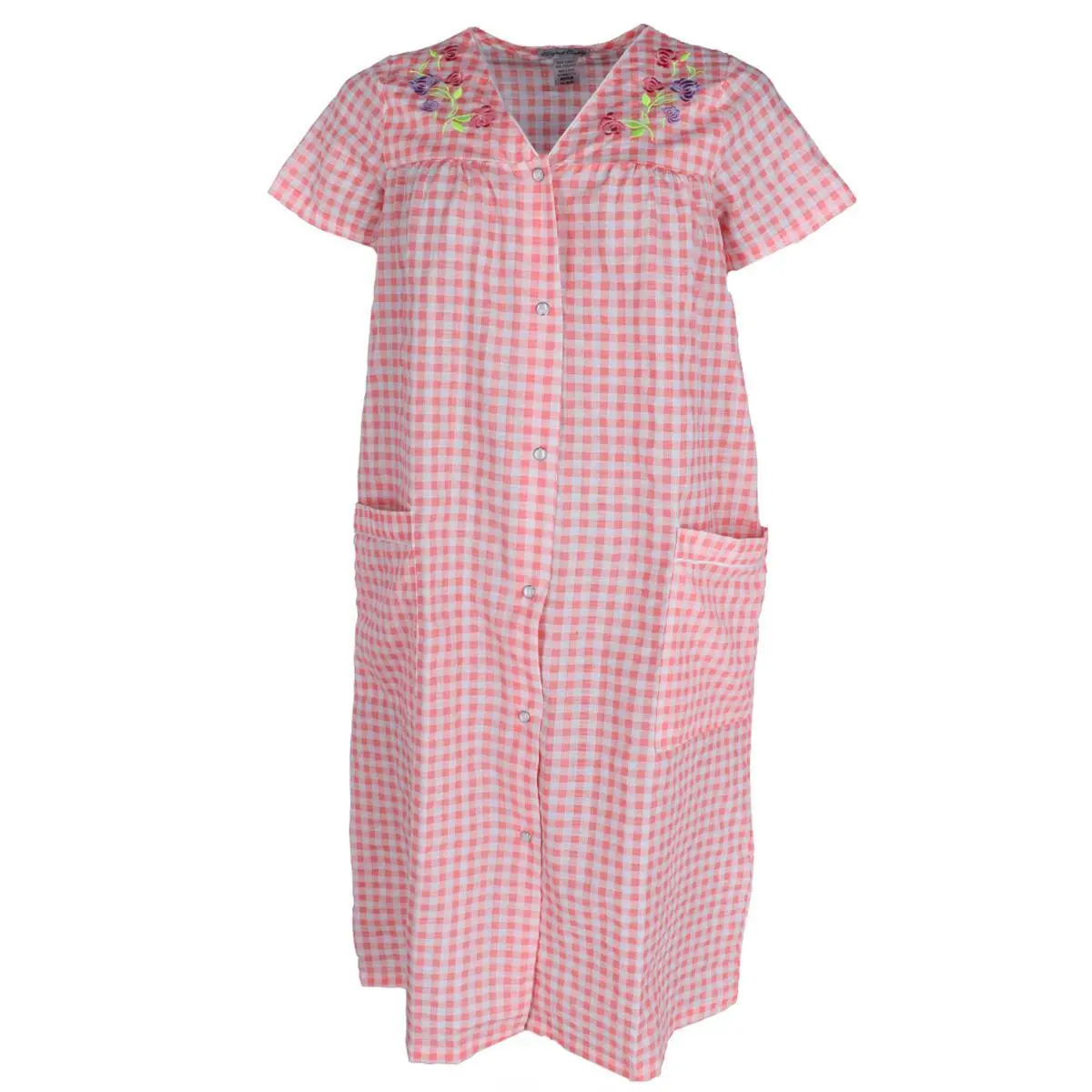 Elegant Emily Women's Gingham Plus Size Duster with Floral Detailing, Nightshirts, Nightwear, Day, Lightweight