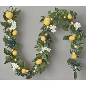 6FT Artificial Eucalyptus Garland with Lights, Thick Faux Greenery Vine for Farmhouse Decor, Spring Summer Fake Fruit Garland for Stairs Mantle, Home Kitchen Party Table Centerpiece, Reusable