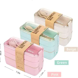 Rarapop 2 Pack Stackable Bento Box Japanese Lunch Box Kit with Spoon & Fork, 3-In-1 Compartment Wheat Straw Meal Prep Containers for Kids & Adults (Pink/Green)