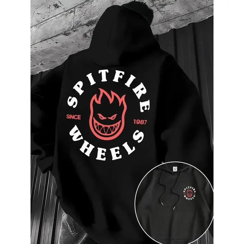Men's Spitfire Pattern Hoodie, Skate Culture Print, Kangaroo Pocket, Drawstring Cap, Casual Streetwear, All Seasons