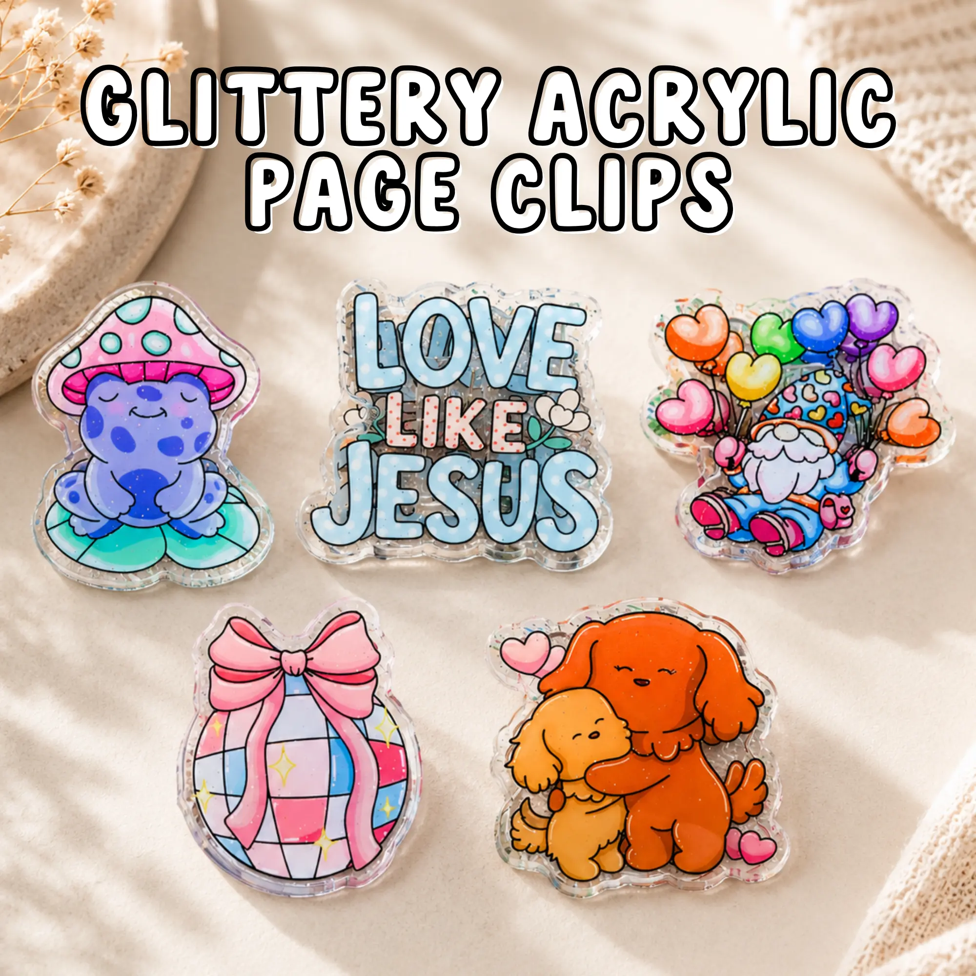 Durable Glossy Acrylic Page Clips - Non-Adhesive, Hands-Free Office Stationery Supplies, Disco Bow & Cozy Designs, Love Like Jesus Themed Coloring Time Gifts for Coloring Lovers