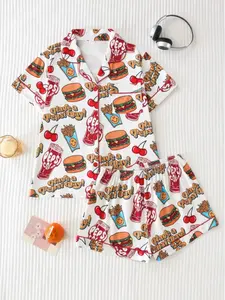 Two-Piece American Fast Food Full Print Women's Pajamas, Nightwear, Loungewear, Homewear, Pjs, High-Quality Silk Fabric, Smooth and Comfortable, Loose and Lightweight Button Pajamas Set
