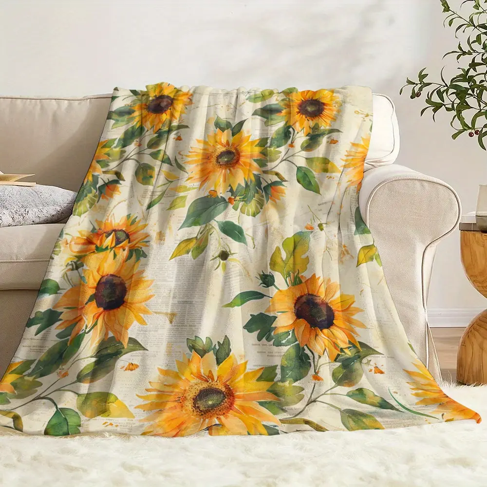 Classic Vintage Polyester Tufted Fabric Sunflower-Patterned Blanket - Wrinkle-Resistant, Breathable, Soft Warm All-Seasons Bedding Throw for Adult Naps, Holiday Gifts for Loved Ones