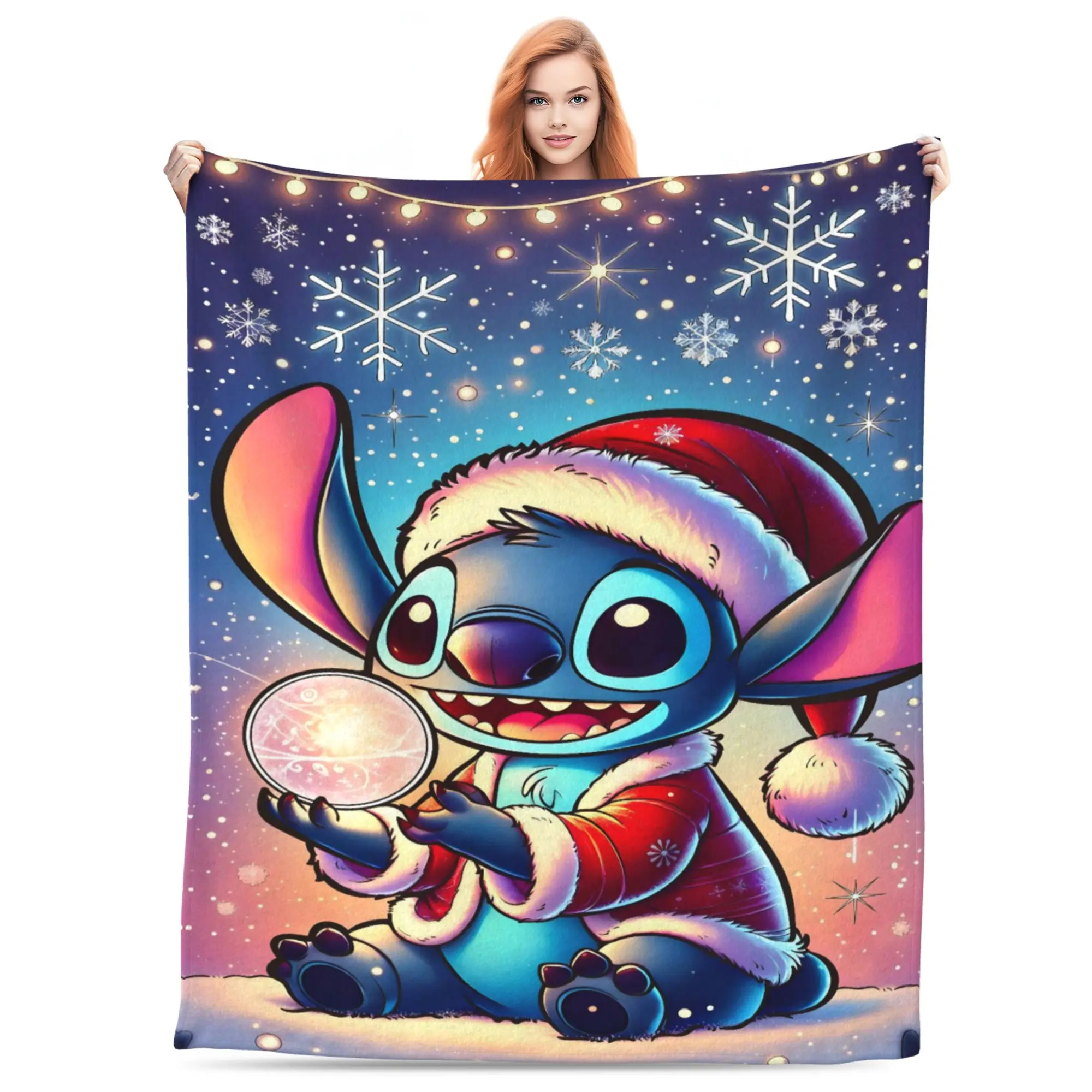 [SummerVibes] DISNEY CLASSIC Lilo & Stitch Christmas Snow Globe Soft Throw Blanket - Cozy Plush Holiday Blanket for Bedroom, Sofa, Christmas Decor & Gift
