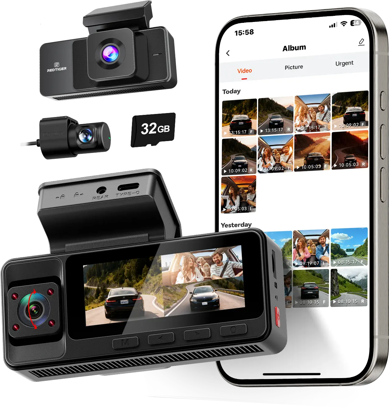 【FathersDayGift】REDTIGER A3 3 Channel WiFi Dash Cam Front and Rear Inside with 32G SD Card( No SD Card Option In A Better Deal ), 2.5K+1080P+1080P Car Dash Camera for CarsFront and Rear, G-Sensor, 24H Parking Mode, Car rvibe, Car VLOG