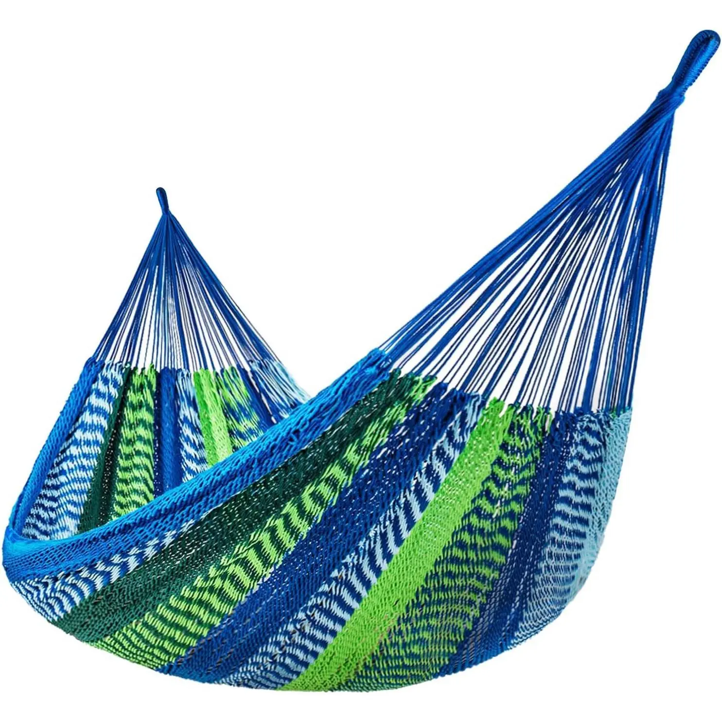 Handwoven Cotton Mayan Hammock - 10.5 FT Soft Rope Double, Lightweight Portable Outdoor Hammock with Carry Bag, 2 Straps, 2 Carabiners, 550 lbs Weight Capacity for Patio, Blue/Green, Lightweight Hammock