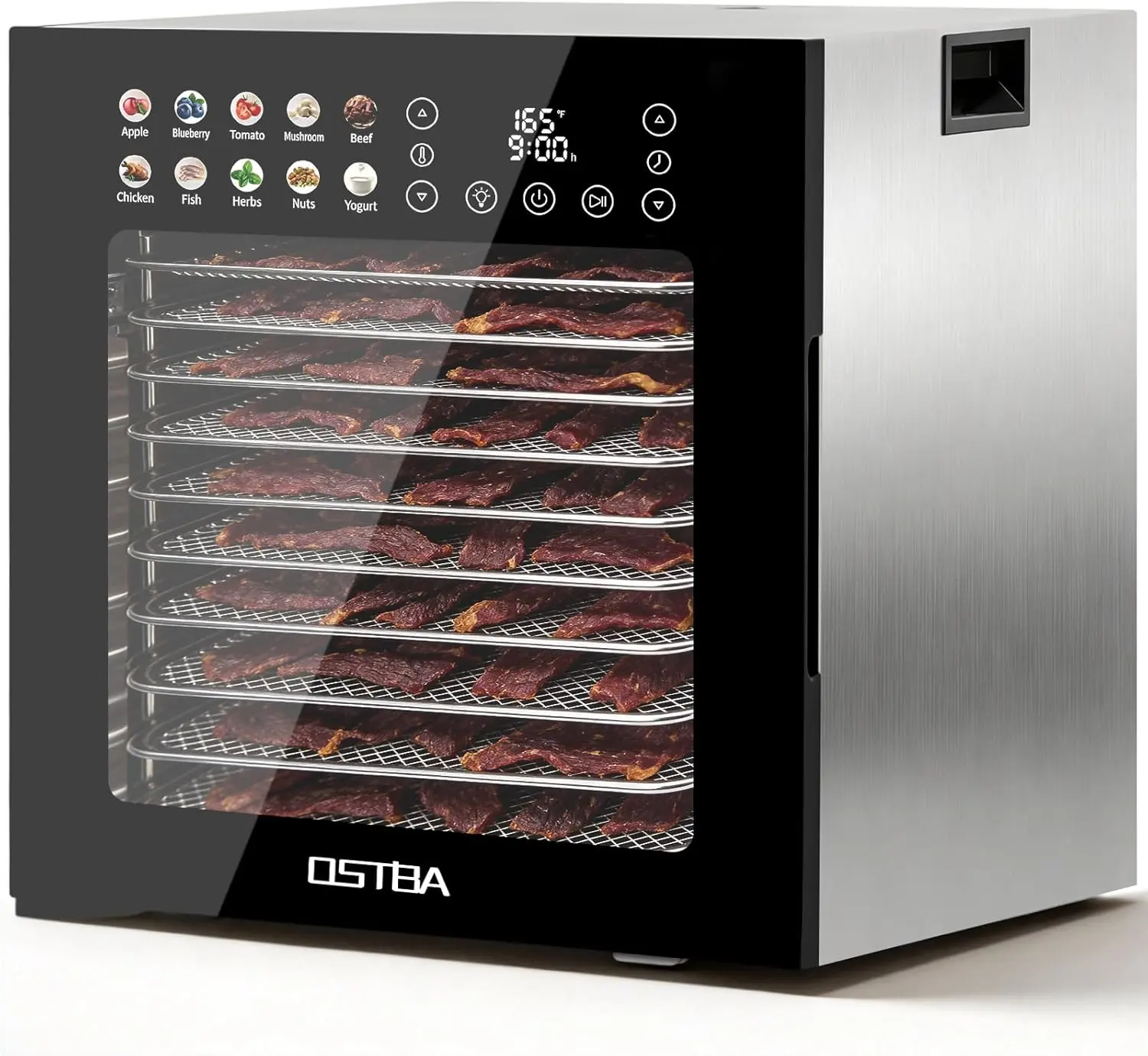 OSTBA 12-Tray Stainless Steel Food Dehydrator Machine (Meat Dehydrator), 850W Power Kitchen Appliance with 95–165℉ Temp Control, 48H Timer, 10 Digital Controls Presets for Fruit, Jerky, Compact