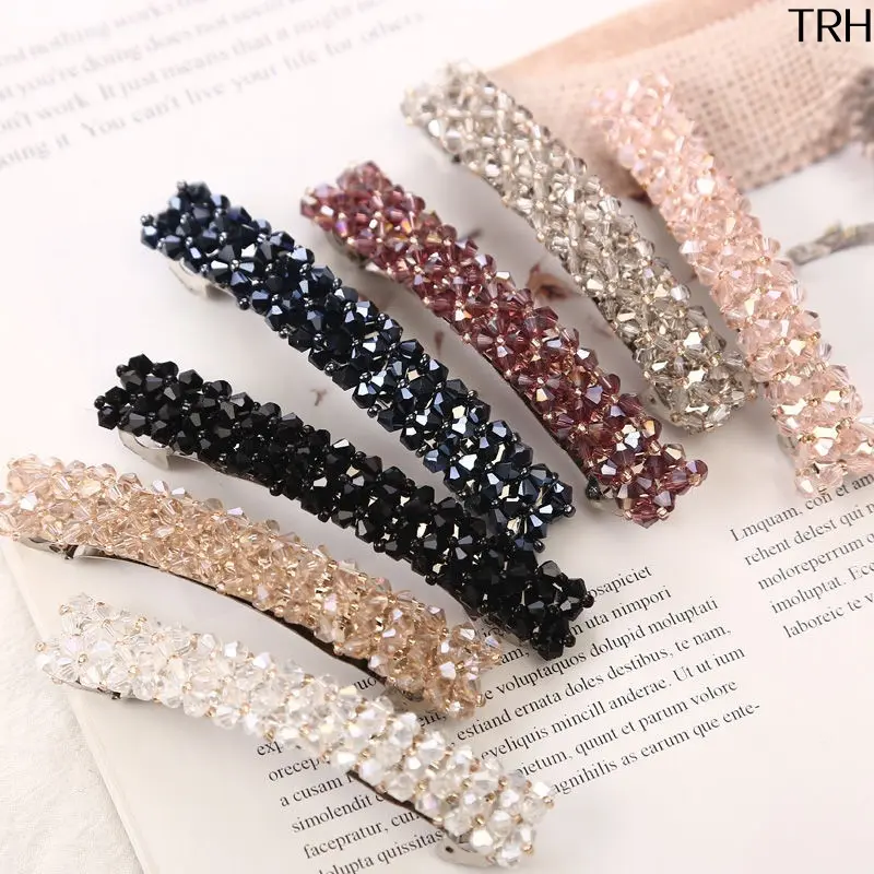 Full Crystal Beaded Barrette Hair Clips for Women, Shiny Rhinestone Metal Spring Hair Pins, Minimalist Elegant Bangs Top Hair Accessories Daily