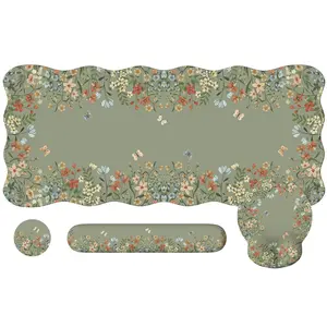 Desk Mat Set,Large Mouse Pad with Wrist Rest,Ergonomic Keyboard Wrist Support for Women,Girly Floral Computer Mat with Scalloped Edges,Non-Slip Desk Pad Home Office Gaming (Green)