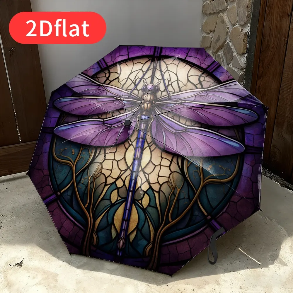 Automatic Windproof Umbrella – Elegant purple and gold with hand-painted dragonfly pattern, portable folding design, lightweight for men and women, perfect Halloween and Christmas gift A235. Ideal for everyday use,