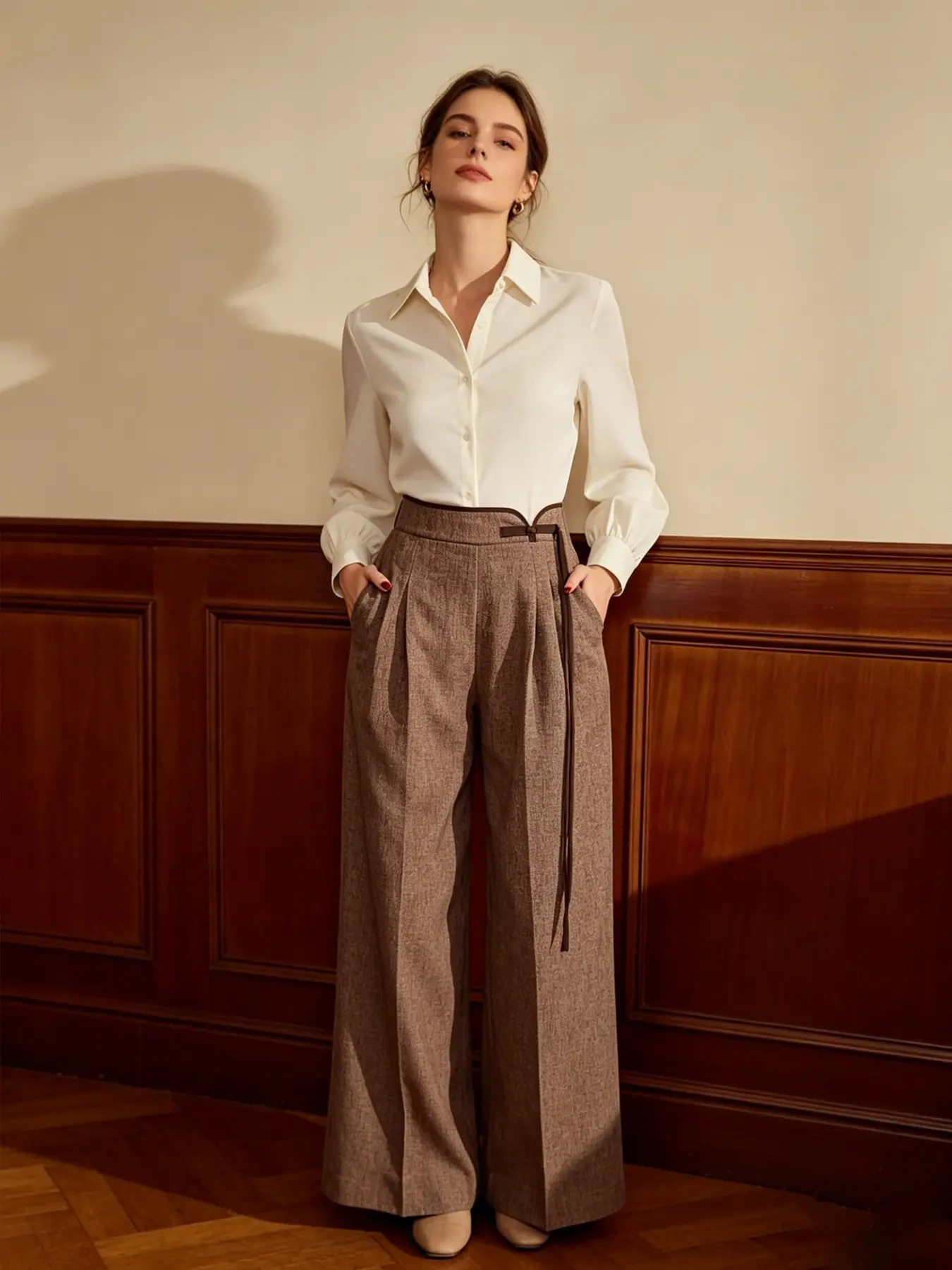 A retro commuting high waisted wide leg, High rise palazzo pants for women, with a slimming and Fitted design and a waist strap. The suit pants have a high-end feel and are suitable for all seasons, home, indoor, and outdoor wear