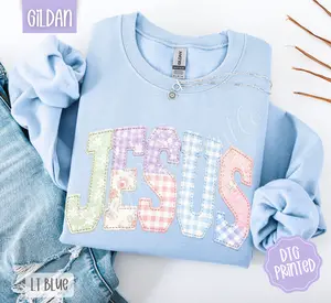 Faux Quilted Jesus Sweatshirt, Trendy Women's Religious Crewneck