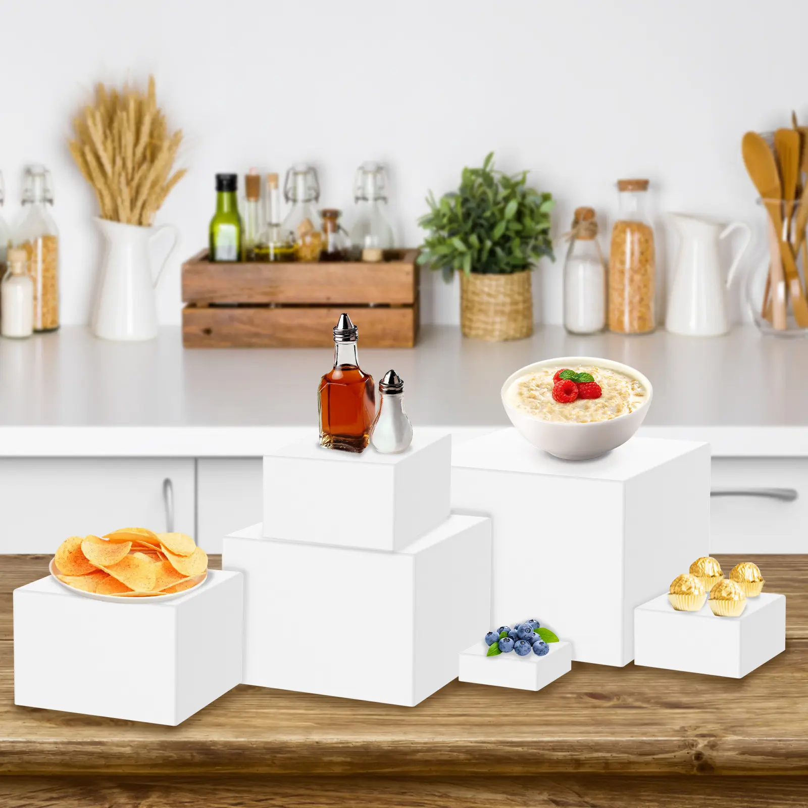 6 Pcs Smooth Acrylic Buffet Risers - Hollow Bottom, 6 Different Sizes, Stackable, Reusable, Multifunctional Food Display Stands, Cake Carriers for Party Buffet Table Decoration, Smooth Acrylic Wipes Clean