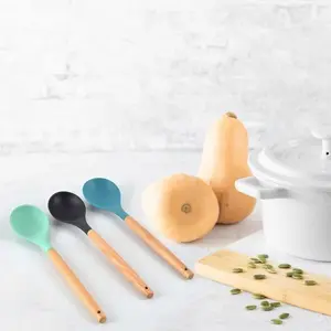 1 Pack Silicone Soup Ladle with Wooden Handle, Non-Stick Heat Resistant Silicone Cooking Spoon, Long Wood Handle Kitchen Utensil for Cooking Soup Porridge