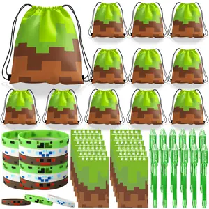 Pixel Theme Party Favors, Miner Game Theme Birthday Party Decorations Supplies, Include Drawstring Bags Notebook Silicone Bracelet Highlighter.