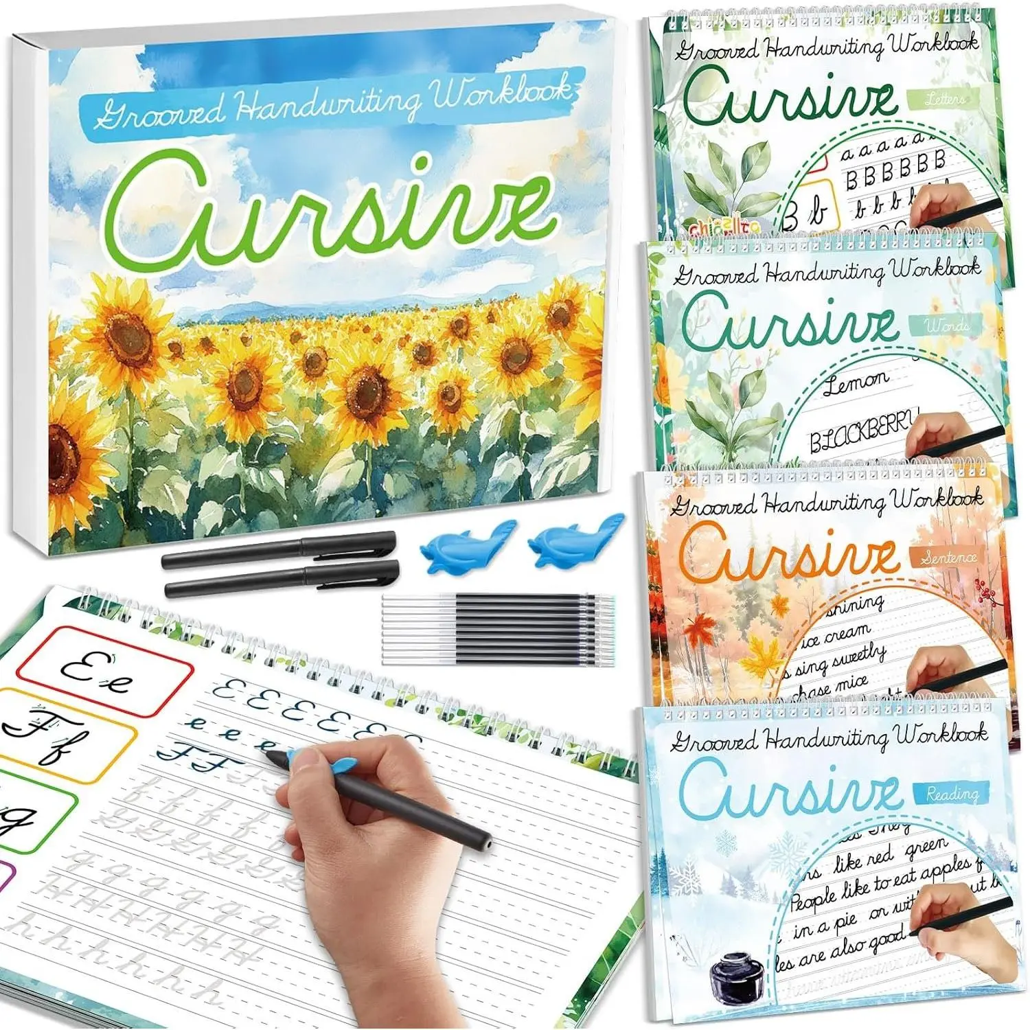 4 Pack Grooved Cursive Handwriting Practice Kit with Disappearing Ink Pens Magic  Grooved Cursive Writing Workbooks Copybook for Beginners  (Words&Sentence&Reading&Letters)