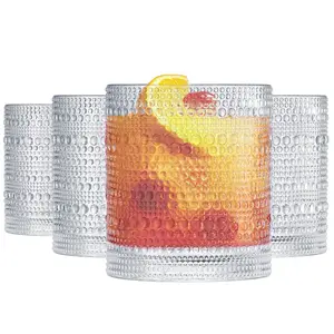 Khen Plastic Hobnail Drinking Glasses Set of 4 Clear Cups 14oz, Shatterproof & Unbreakable Acrylic Beaded Design, BPA-Free, Dishwasher Safe Indoor/Outdoor Drinkware for Water, Juice, Cocktails