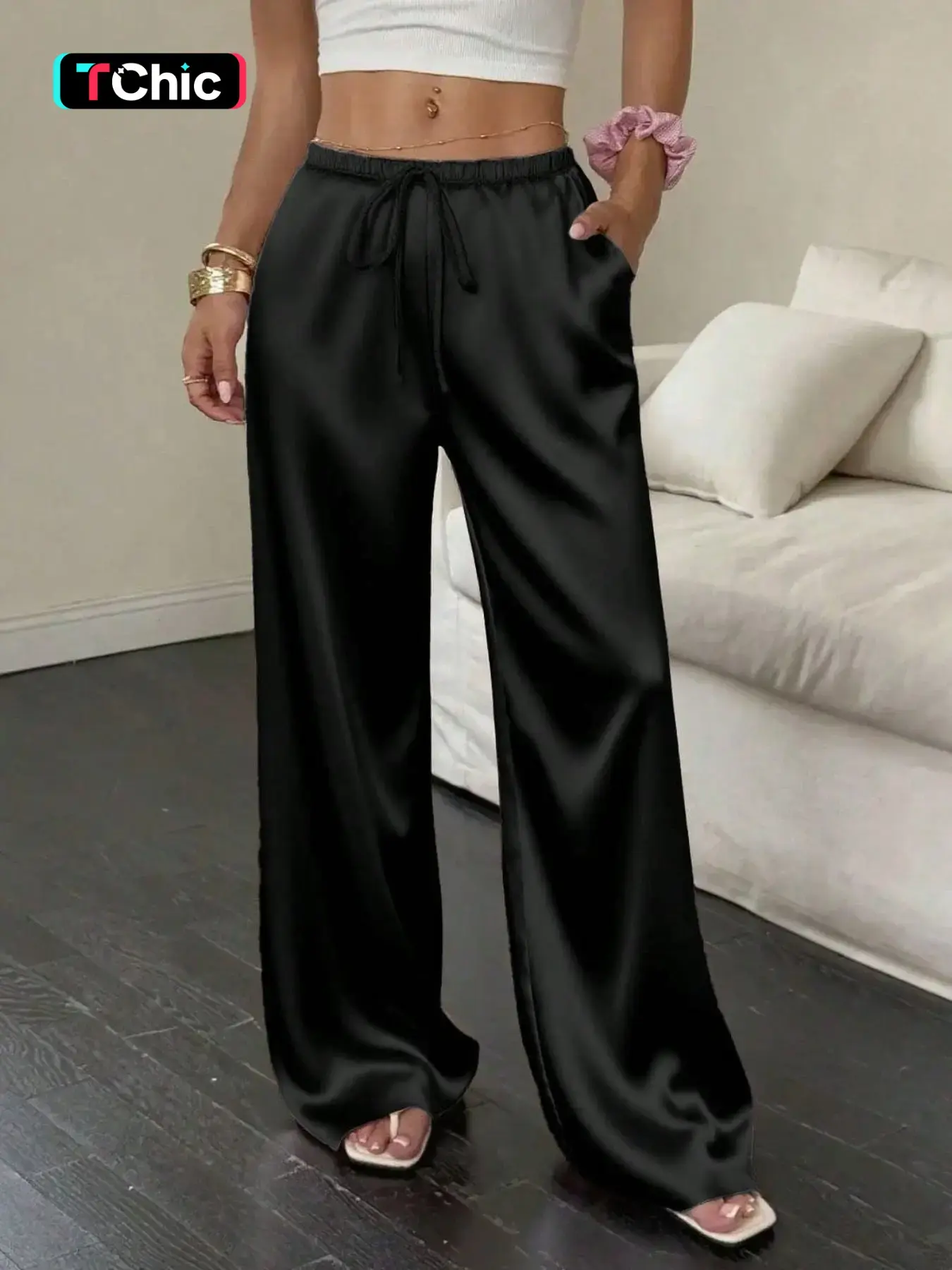 Women's Plain Casual Wide Leg Baggy Pants, Womenswear Smooth Satin Tie Waist Adjustable Long Pants, Perfect for Everyday Commute, All-Season Loose-Fitting Style