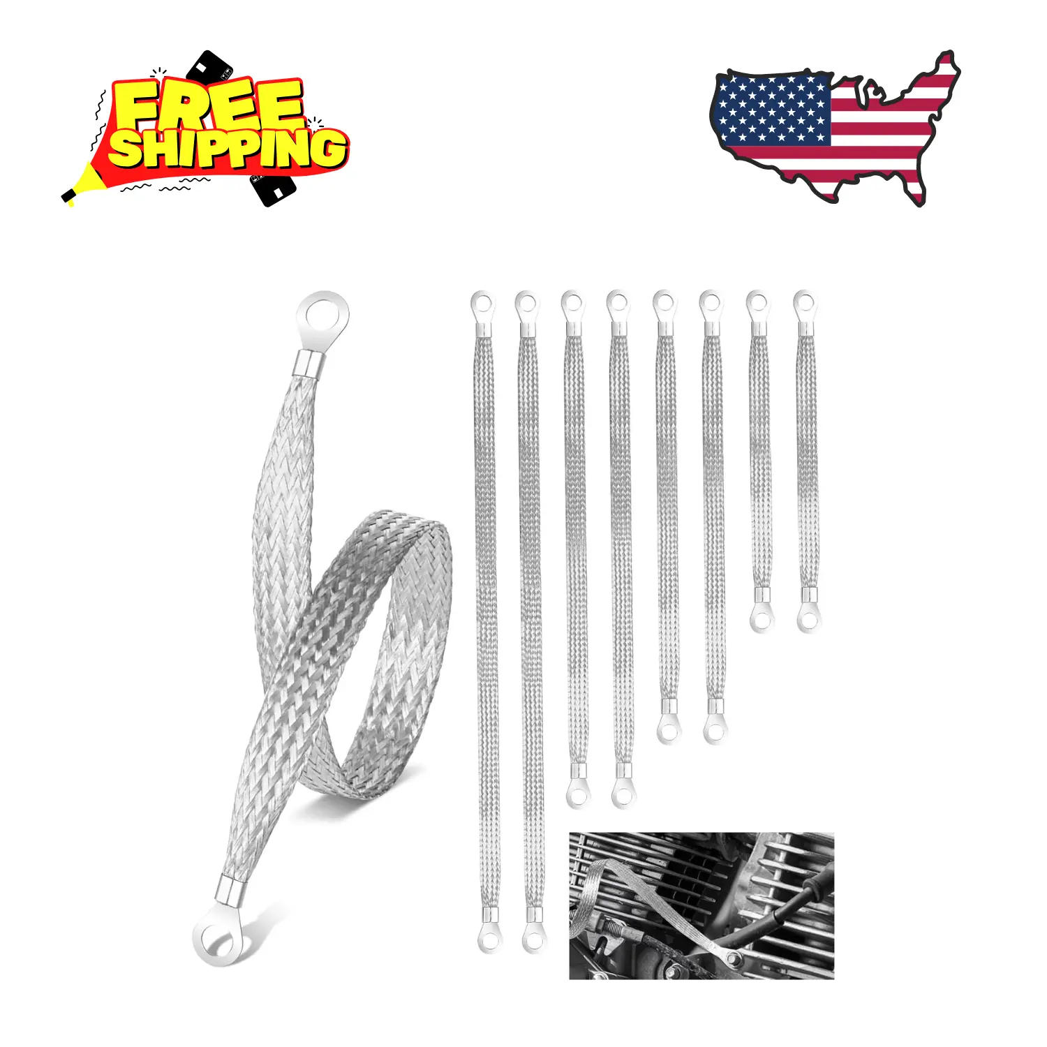 8pcs Ground Straps, 10/13/15/20 inch Grounding Strap Professional Vehicle Engine Grounding Strap Copper Braided (Silver-Thicken)