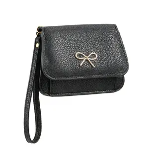Small Wallet for Women with Wrist Strap, Compact Tri-Fold Card Holder with ID Window, Cash Compartment, Rear Zipper Coin Pocket and Bow Accent
