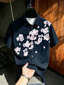 Men's Japanese Style Vacation Short Sleeve Casual Collared Shirt, Breathable Flowy Fabric, Romantic Cherry Blossom Print, Casual Beachwear, Button-Down Design