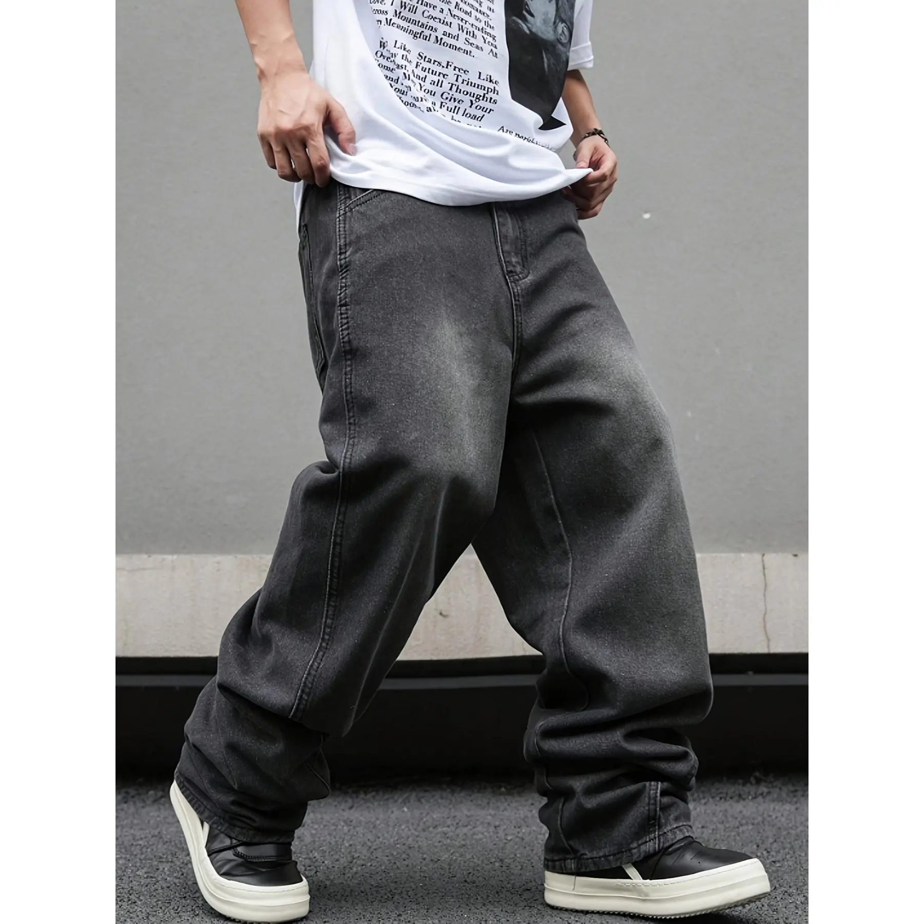 Men's Plain Denim Trousers in a Retro Style, featuring a Pleated Loose Straight Wide-Leg Fit for Casual Streetwear, Cotton, Pocket